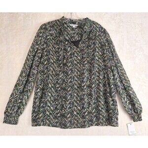 NEW Ophelia Rose Top Sz L Black Gold Sheer Lined V Neck Elastic Hem Sleeves Tie